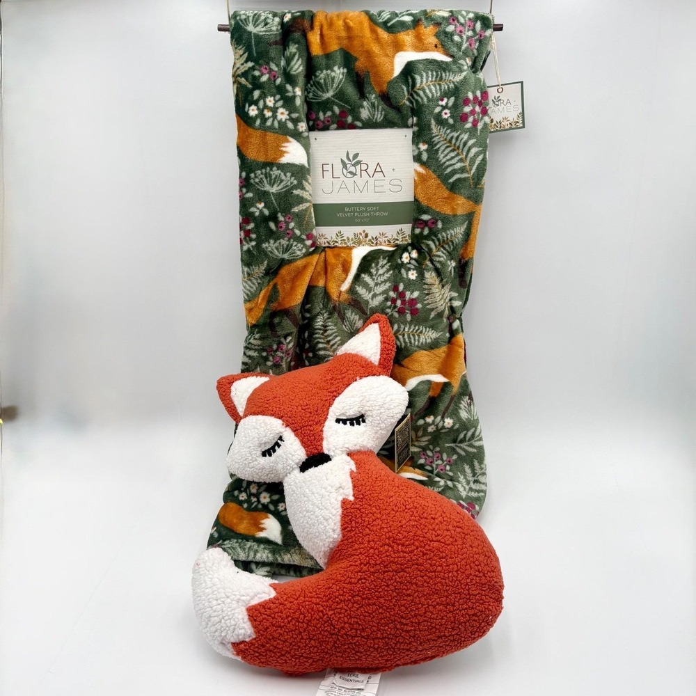 Flora + James Fox Blanket and Plush Pillow Set Green Floral Velvet Throw